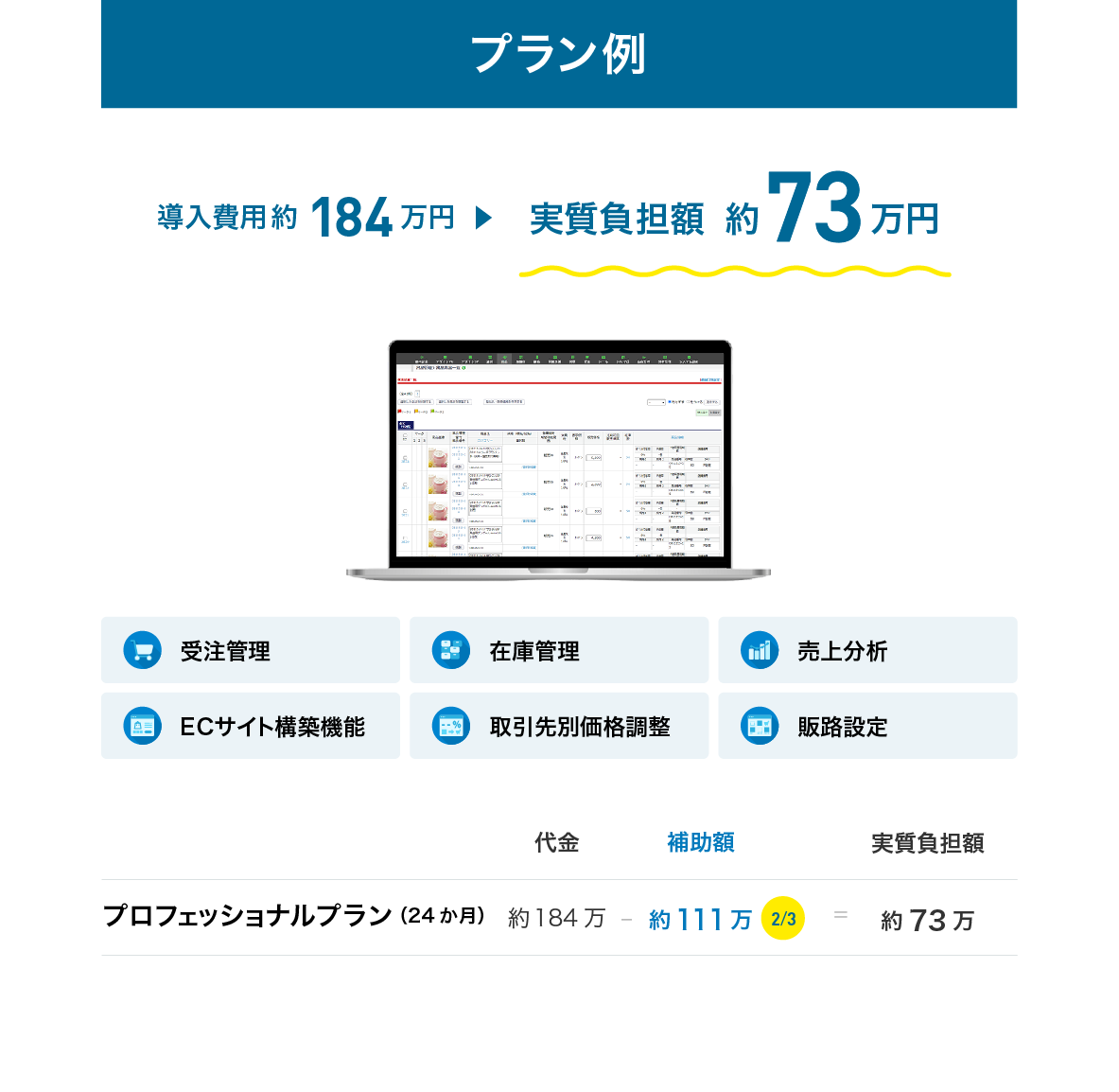 プラン例：導入費用約184万円→実質負担額約73万円
